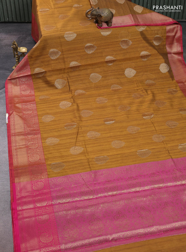 Banarasi semi dupion saree mustard yellow and pink with thread & zari woven buttas and zari woven border