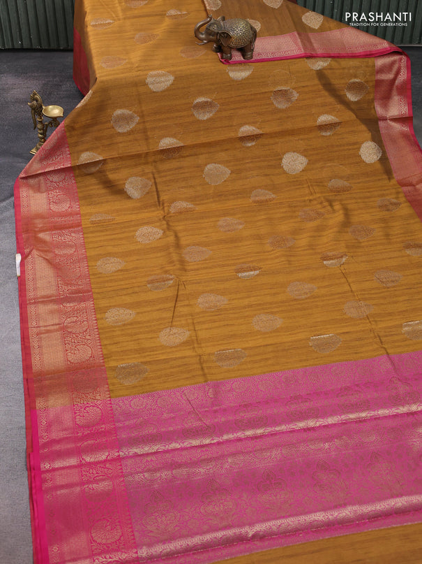 Banarasi semi dupion saree mustard yellow and pink with thread & zari woven buttas and zari woven border