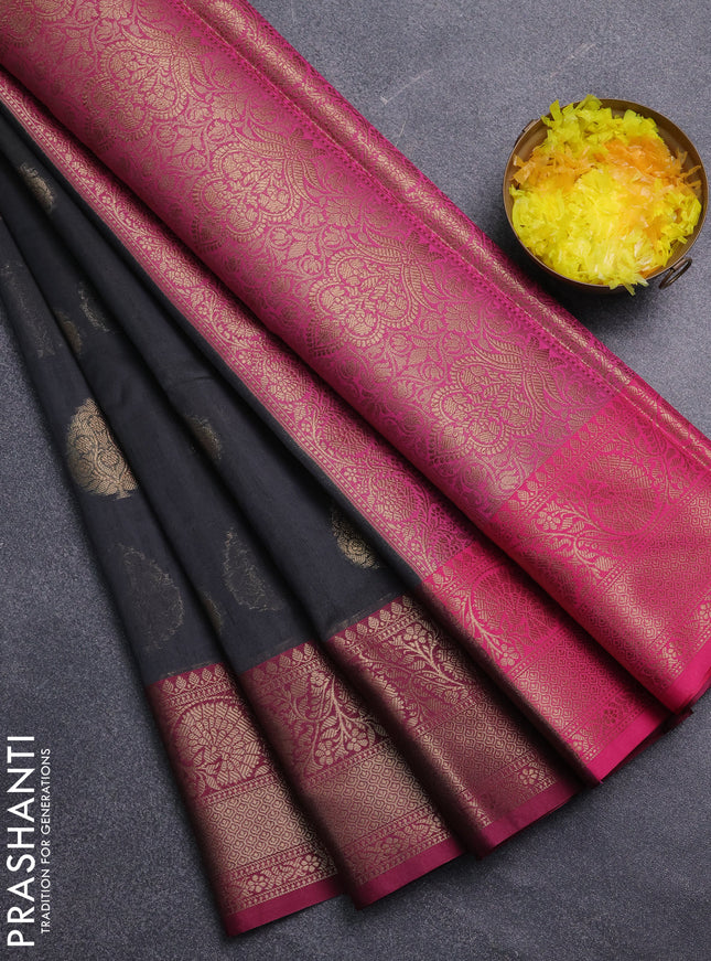 Banarasi semi dupion saree black and pink with thread & zari woven buttas and zari woven border