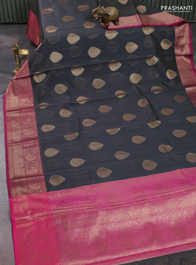 Banarasi semi dupion saree black and pink with thread & zari woven buttas and zari woven border
