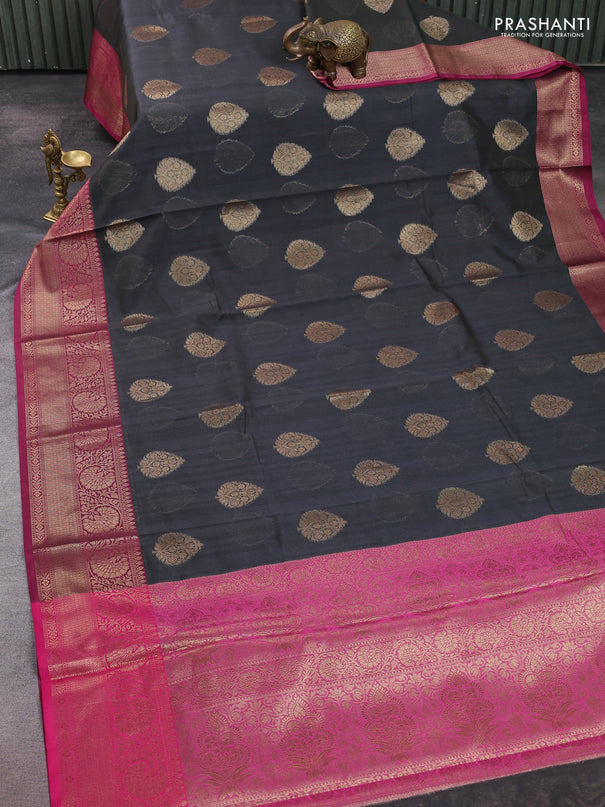 Banarasi semi dupion saree black and pink with thread & zari woven buttas and zari woven border