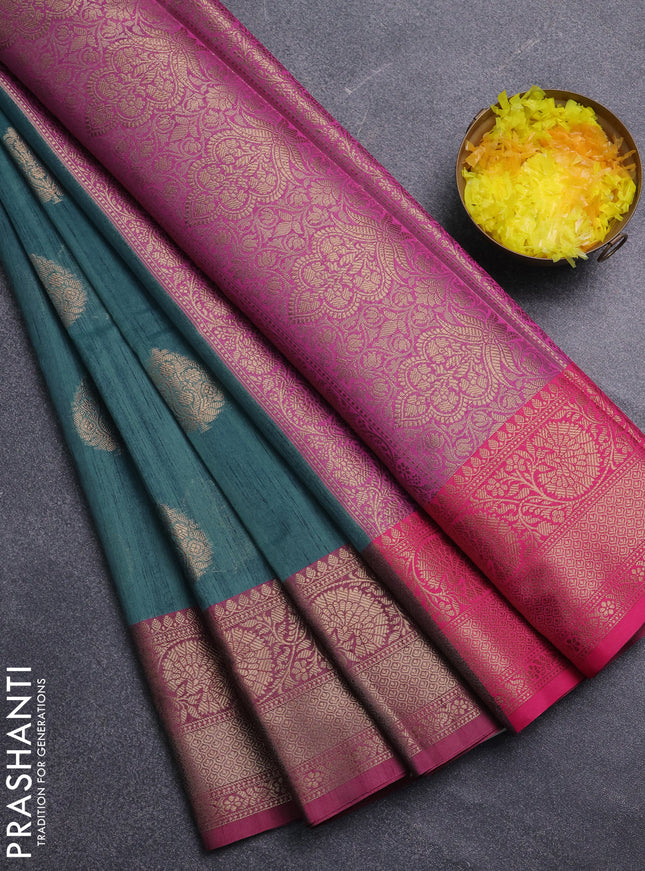 Banarasi semi dupion saree blue shade and pink with thread & zari woven buttas and zari woven border