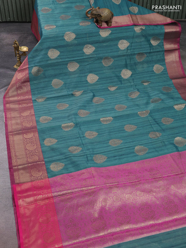 Banarasi semi dupion saree blue shade and pink with thread & zari woven buttas and zari woven border