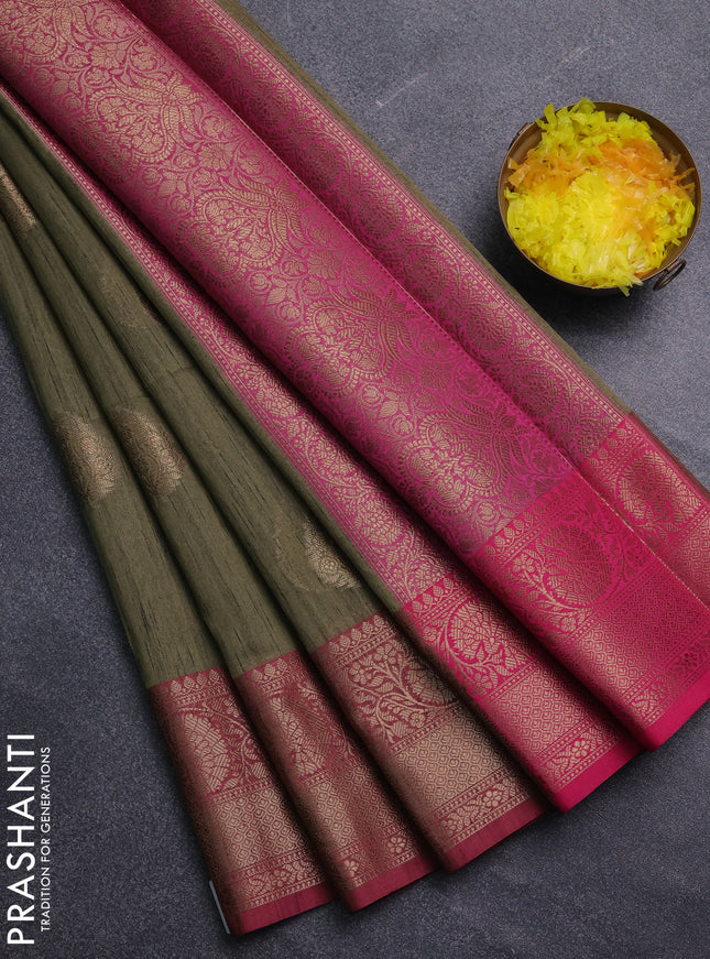 Banarasi semi dupion saree mehendi green and pink with thread & zari woven buttas and zari woven border