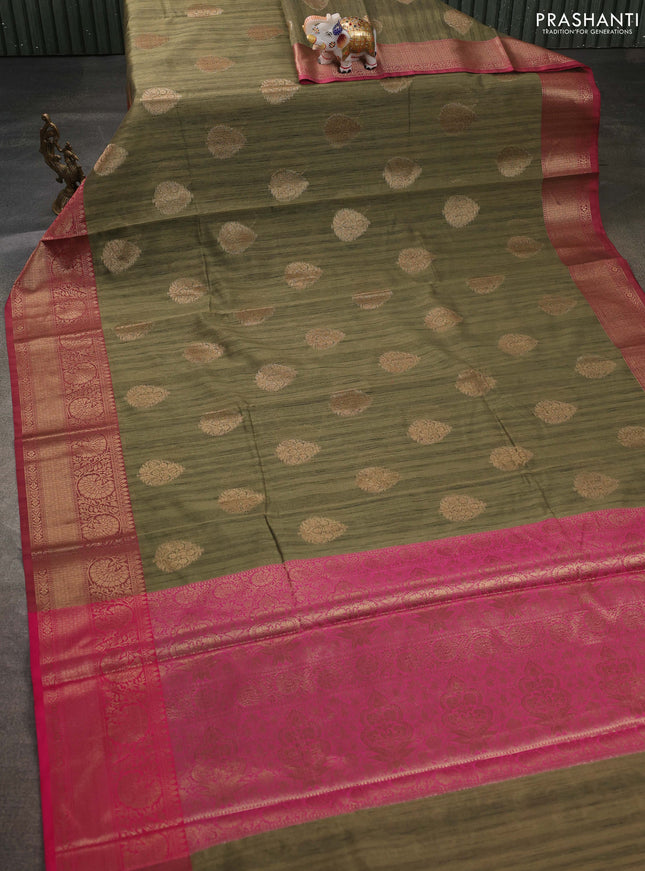 Banarasi semi dupion saree mehendi green and pink with thread & zari woven buttas and zari woven border