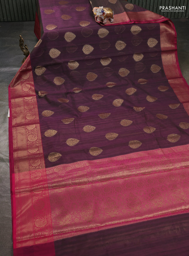 Banarasi semi dupion saree dual shade of purple green and pink with thread & zari woven buttas and zari woven border