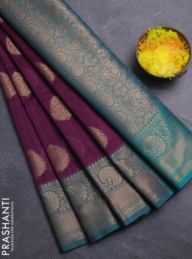 Banarasi semi dupion saree purple and teal green with thread & zari woven buttas and zari woven border