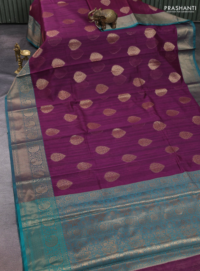 Banarasi semi dupion saree purple and teal green with thread & zari woven buttas and zari woven border