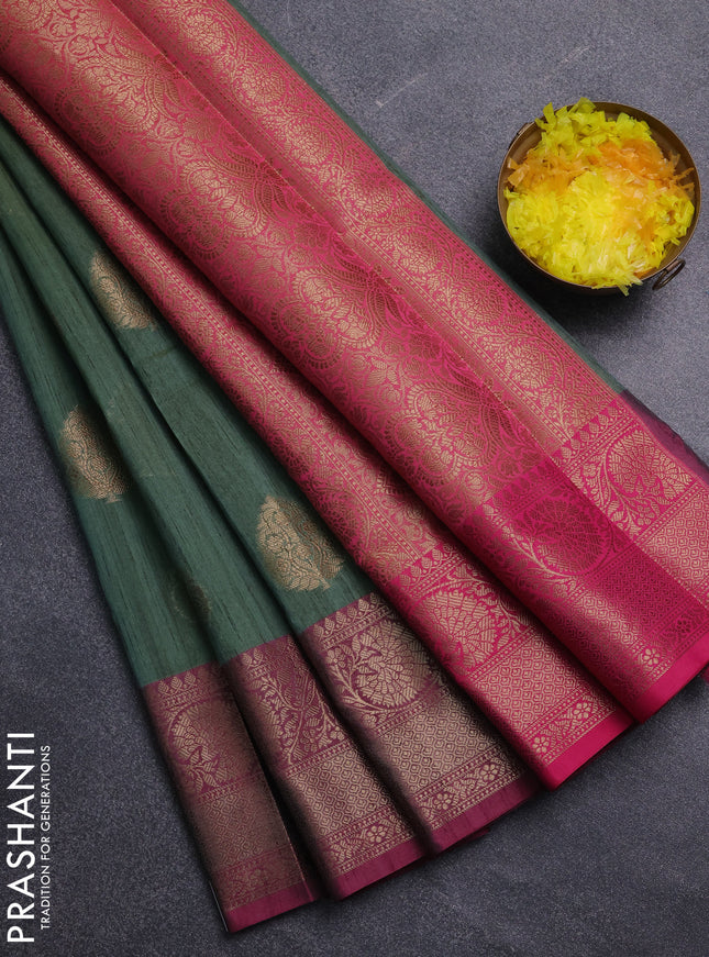 Banarasi semi dupion saree dual shade of green and pink with thread & zari woven buttas and zari woven border