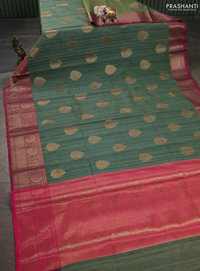 Banarasi semi dupion saree dual shade of green and pink with thread & zari woven buttas and zari woven border