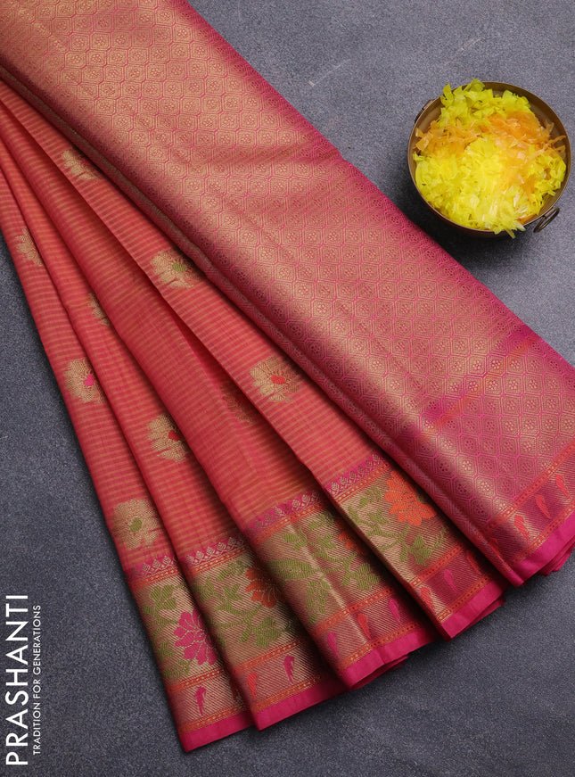 Banarasi semi dupion saree dual shade of pink and pink with floral thread & zari woven buttas and floral design paithani border