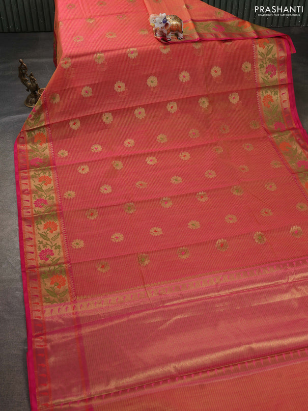 Banarasi semi dupion saree dual shade of pink and pink with floral thread & zari woven buttas and floral design paithani border
