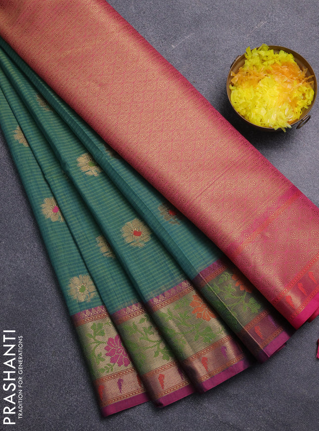 Banarasi semi dupion saree dual shade of green and pink with floral thread & zari woven buttas and floral design paithani border