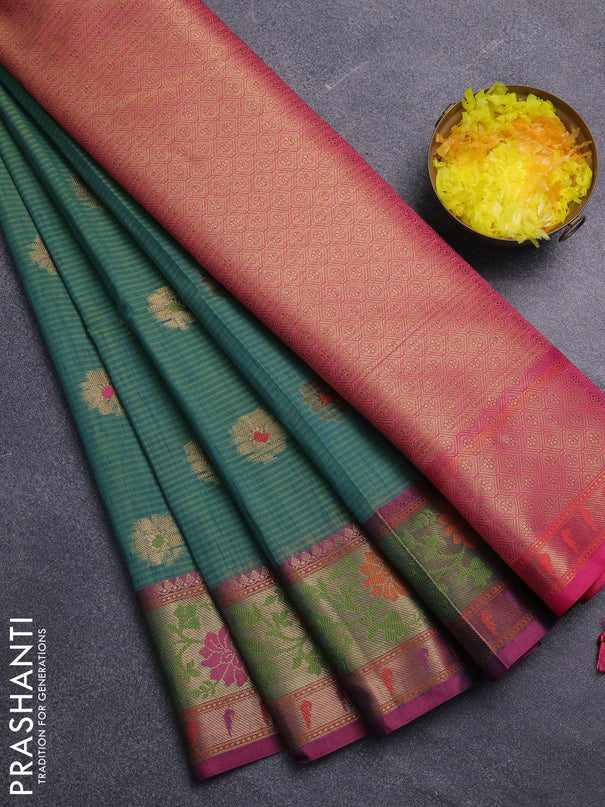 Banarasi semi dupion saree dual shade of green and pink with floral thread & zari woven buttas and floral design paithani border