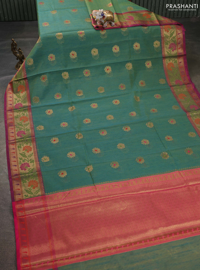Banarasi semi dupion saree dual shade of green and pink with floral thread & zari woven buttas and floral design paithani border