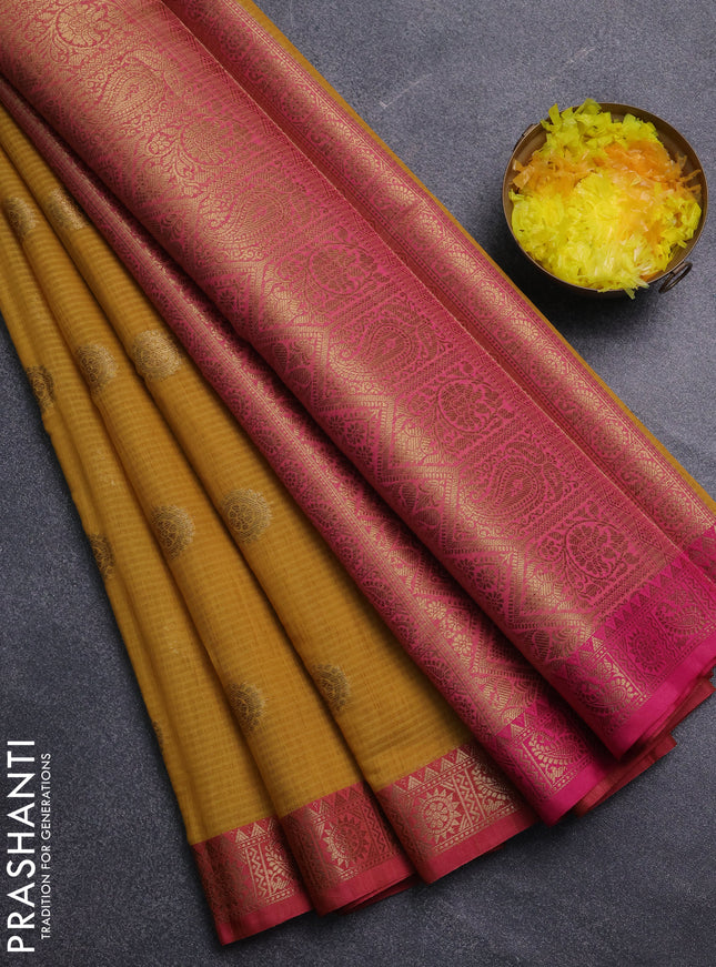 Banarasi semi dupion saree mustard yellow and pink with thread & zari woven buttas and zari woven border
