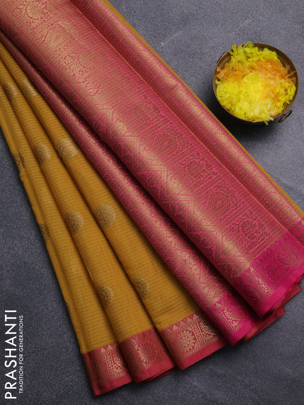 Banarasi semi dupion saree mustard yellow and pink with thread & zari woven buttas and zari woven border