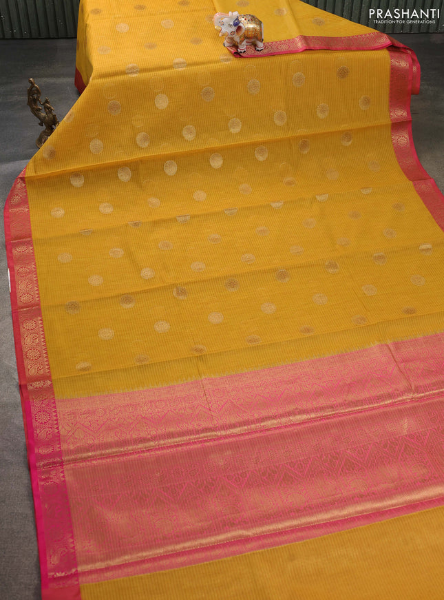 Banarasi semi dupion saree mustard yellow and pink with thread & zari woven buttas and zari woven border