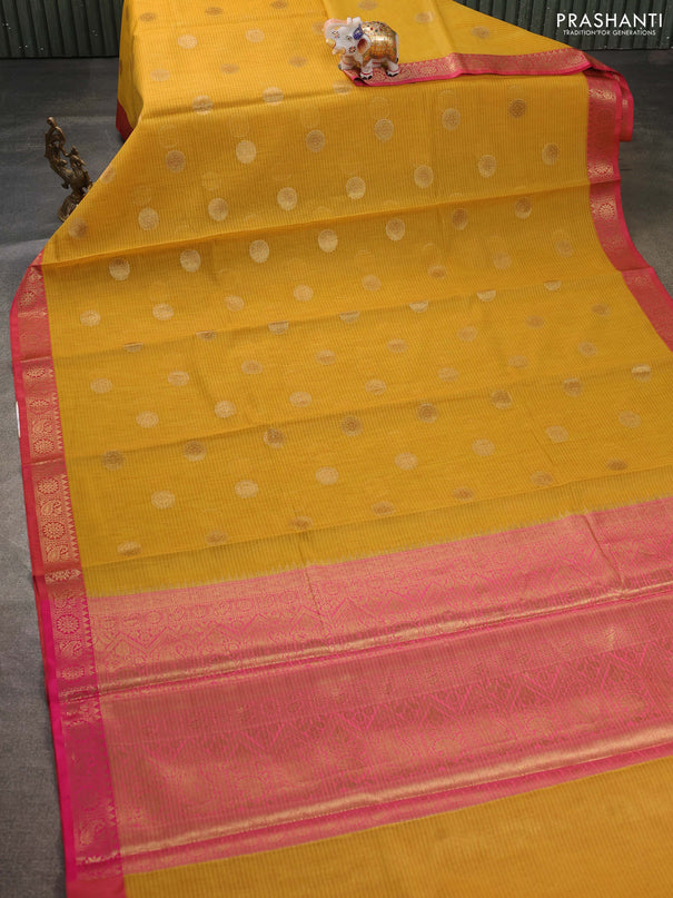 Banarasi semi dupion saree mustard yellow and pink with thread & zari woven buttas and zari woven border