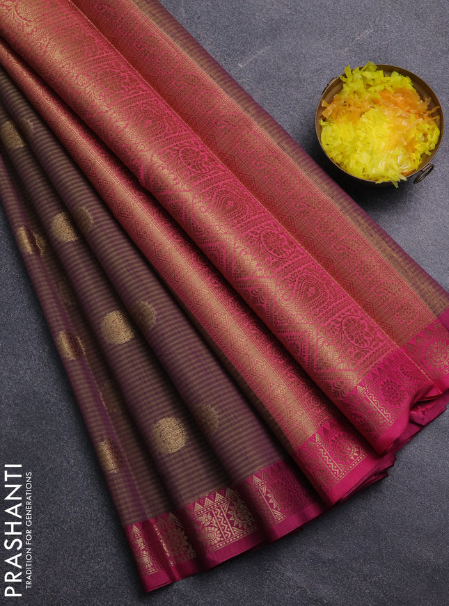 Banarasi semi dupion saree dual shade of greenish purple and pink with thread & zari woven buttas and zari woven border
