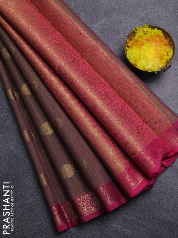 Banarasi semi dupion saree dual shade of greenish purple and pink with thread & zari woven buttas and zari woven border