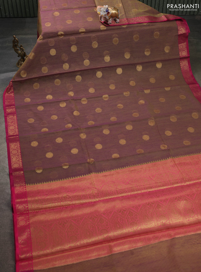 Banarasi semi dupion saree dual shade of greenish purple and pink with thread & zari woven buttas and zari woven border