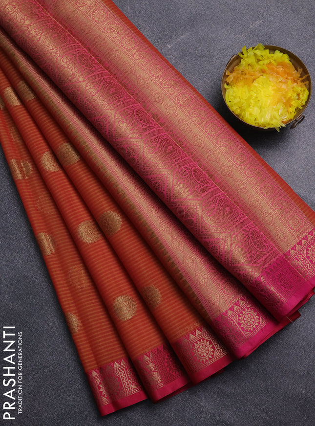 Banarasi semi dupion saree sunset orange and pink with thread & zari woven buttas and zari woven border