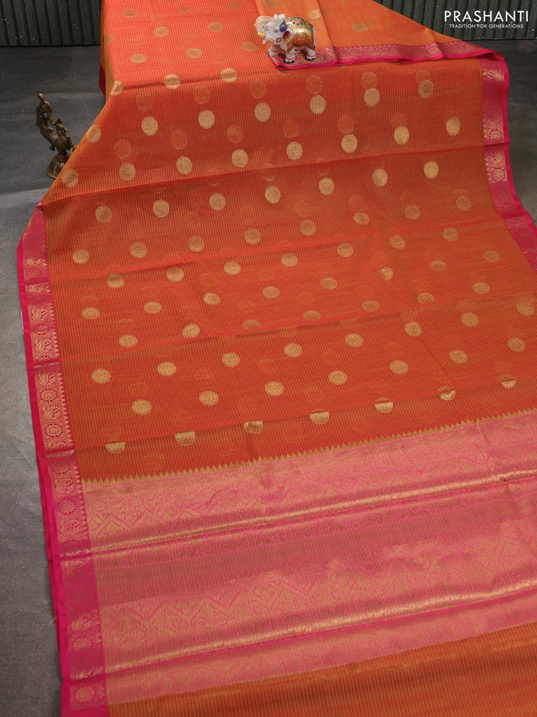 Banarasi semi dupion saree sunset orange and pink with thread & zari woven buttas and zari woven border