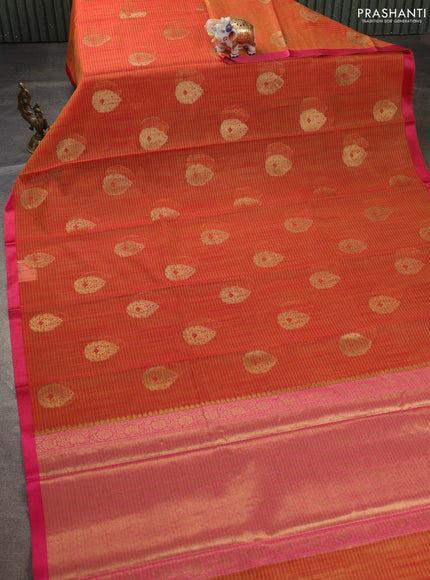 Banarasi semi dupion saree sunset orange and pink with thread & zari woven buttas and zari woven border