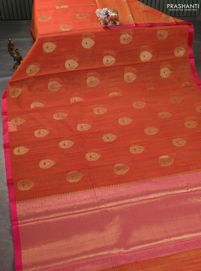 Banarasi semi dupion saree sunset orange and pink with thread & zari woven buttas and zari woven border
