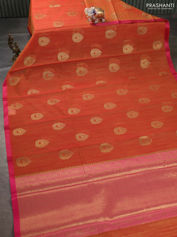 Banarasi semi dupion saree sunset orange and pink with thread & zari woven buttas and zari woven border