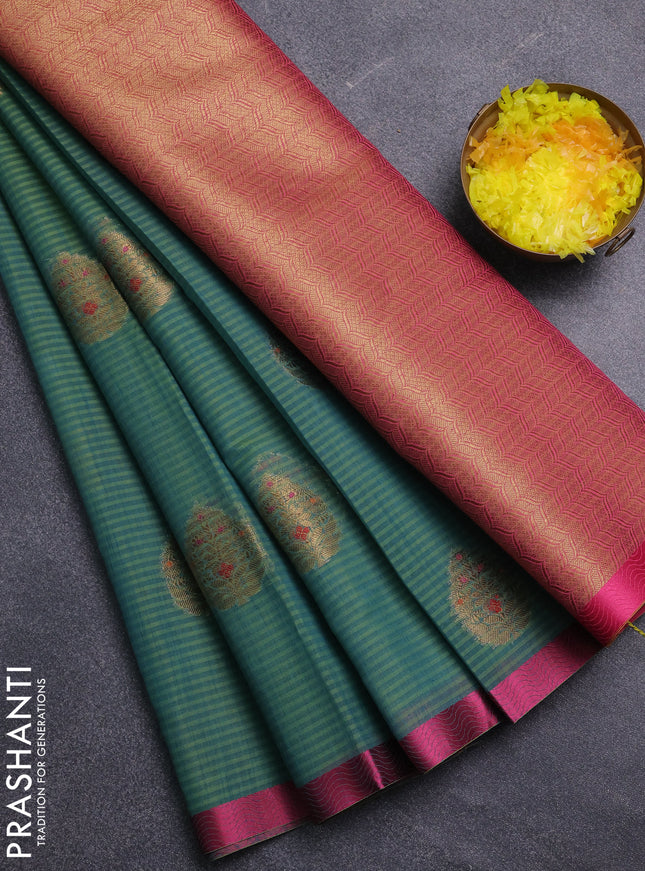 Banarasi semi dupion saree dual shade of bluish green and pink with thread & zari woven buttas and zari woven border