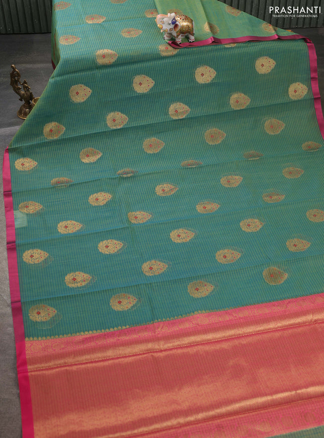 Banarasi semi dupion saree dual shade of bluish green and pink with thread & zari woven buttas and zari woven border