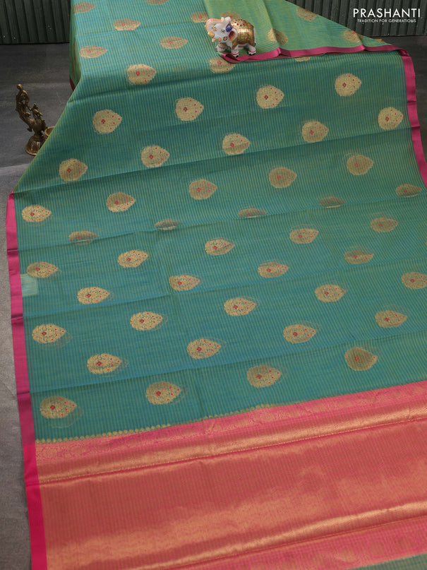 Banarasi semi dupion saree dual shade of bluish green and pink with thread & zari woven buttas and zari woven border