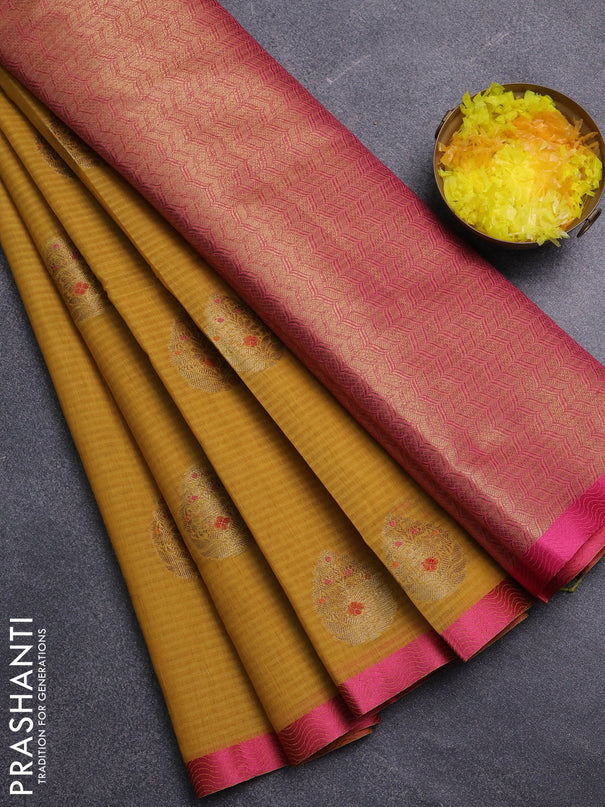 Banarasi semi dupion saree mustard yellow and pink with thread & zari woven buttas and zari woven border