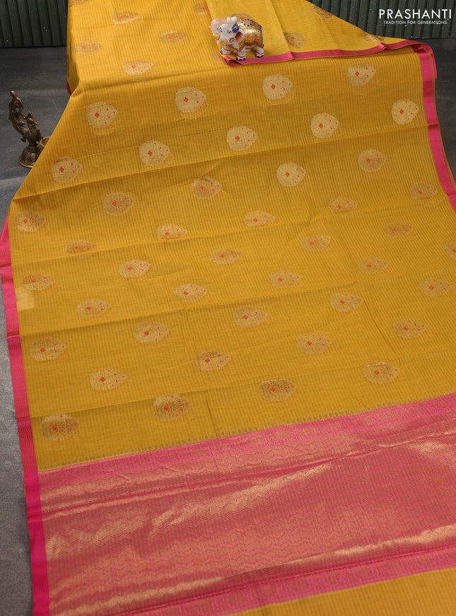 Banarasi semi dupion saree mustard yellow and pink with thread & zari woven buttas and zari woven border
