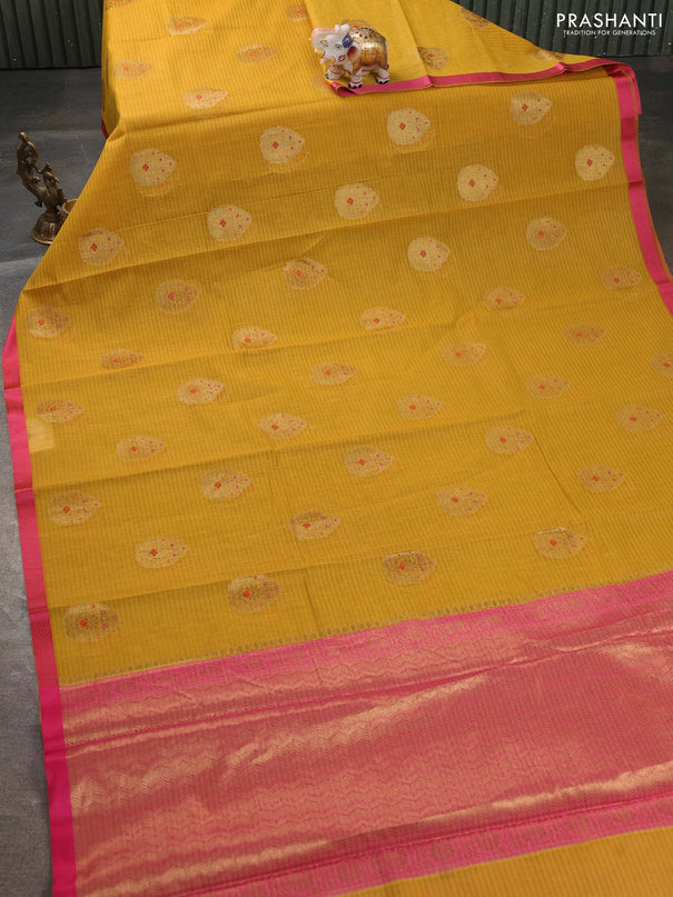 Banarasi semi dupion saree mustard yellow and pink with thread & zari woven buttas and zari woven border