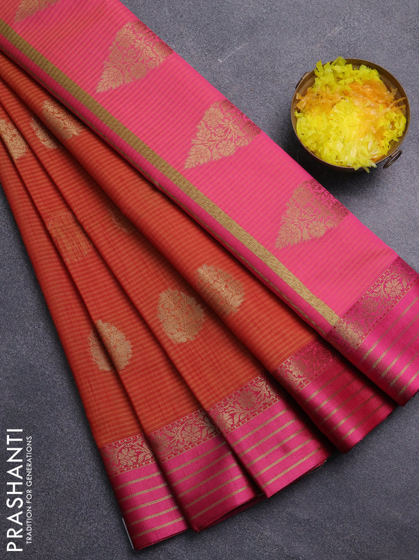 Banarasi semi dupion saree sunset orange and pink with thread & zari woven buttas and zari woven border