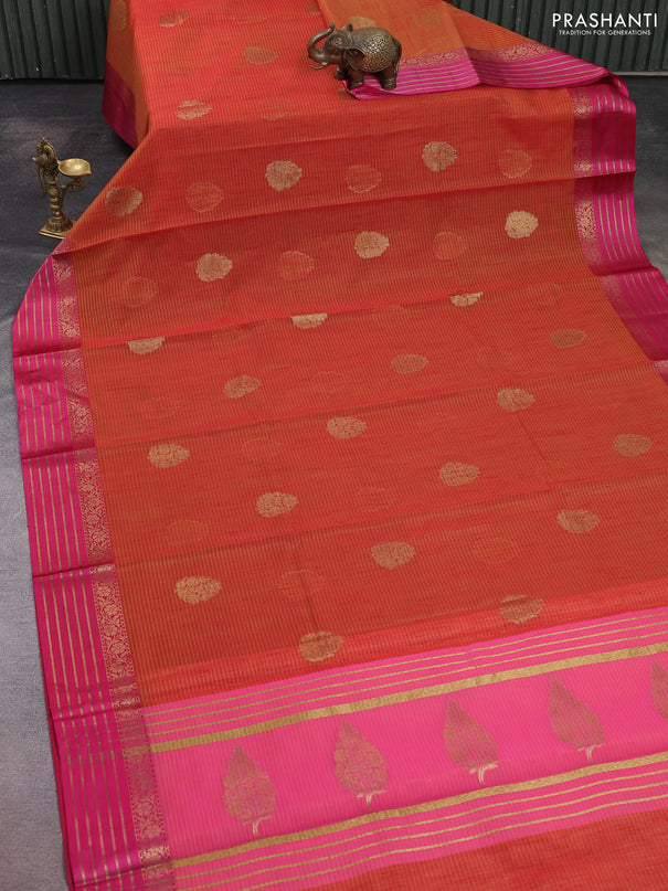 Banarasi semi dupion saree sunset orange and pink with thread & zari woven buttas and zari woven border