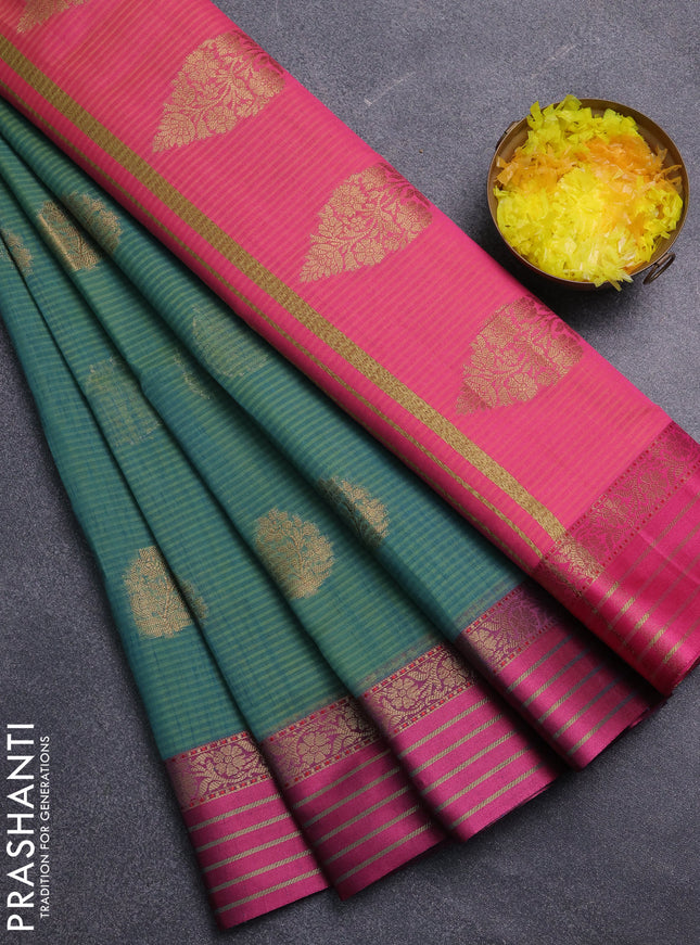Banarasi semi dupion saree dual shade of greenish blue with thread & zari woven buttas and zari woven border