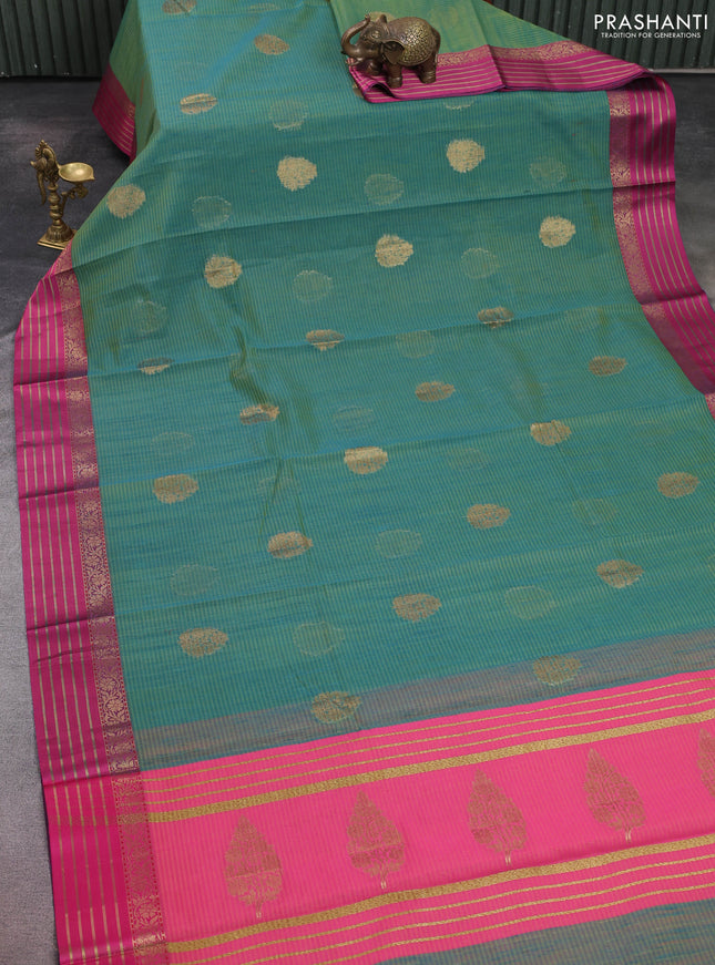 Banarasi semi dupion saree dual shade of greenish blue with thread & zari woven buttas and zari woven border