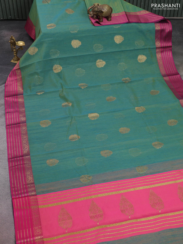 Banarasi semi dupion saree dual shade of greenish blue with thread & zari woven buttas and zari woven border