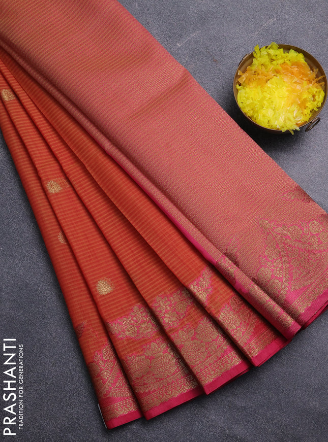 Banarasi semi dupion saree sunset orange and pink with thread & zari woven buttas and zari woven border