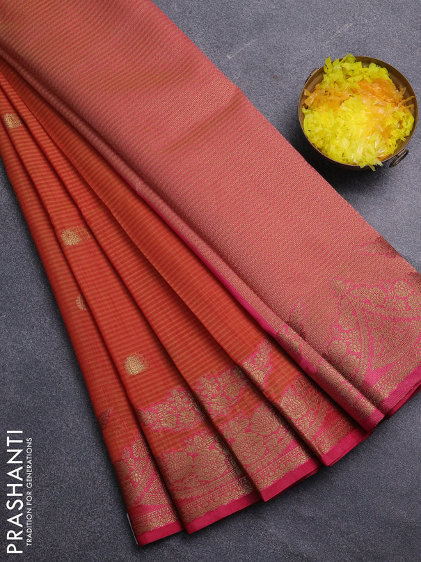 Banarasi semi dupion saree sunset orange and pink with thread & zari woven buttas and zari woven border