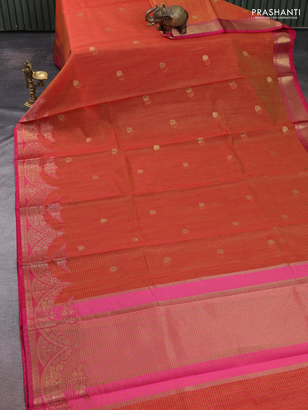 Banarasi semi dupion saree sunset orange and pink with thread & zari woven buttas and zari woven border