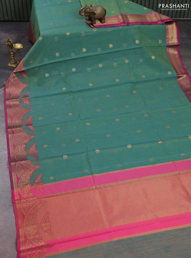 Banarasi semi dupion saree dual shade of bluish green and pink with thread & zari woven buttas and zari woven border