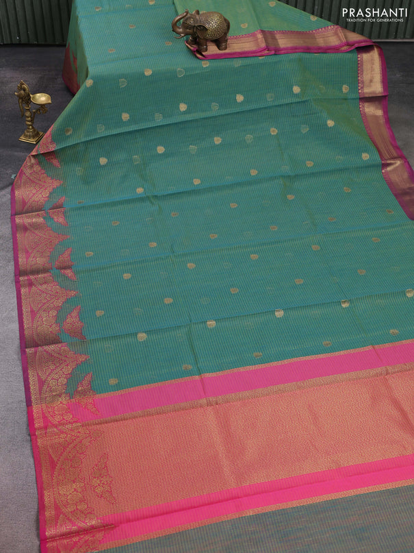 Banarasi semi dupion saree dual shade of bluish green and pink with thread & zari woven buttas and zari woven border