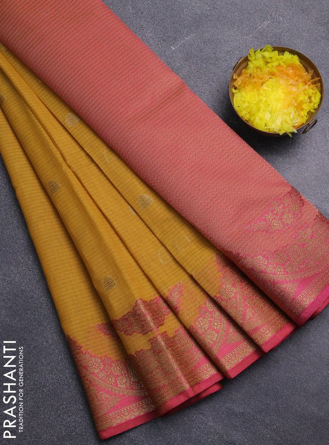 Banarasi semi dupion saree mustard yellow and pink with thread & zari woven buttas and zari woven border