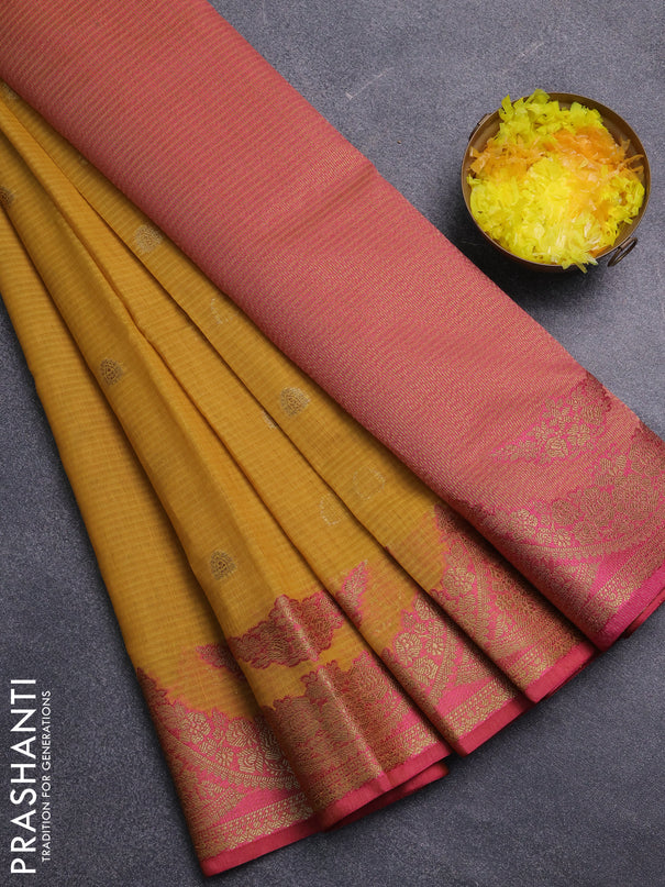 Banarasi semi dupion saree mustard yellow and pink with thread & zari woven buttas and zari woven border
