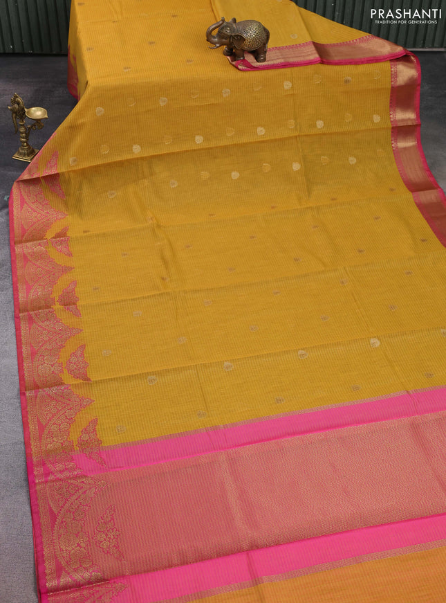 Banarasi semi dupion saree mustard yellow and pink with thread & zari woven buttas and zari woven border